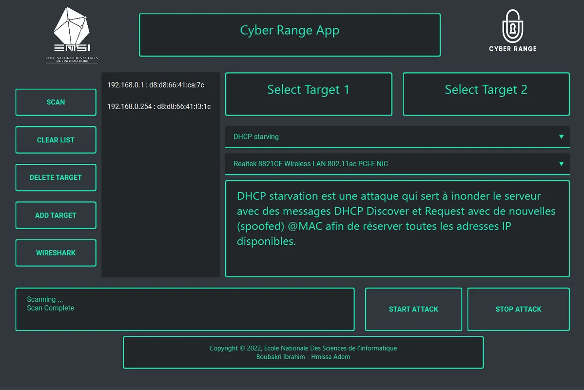 Cyber Range desktop interface with network discovery, target selection, scenario explanation and start/stop controls